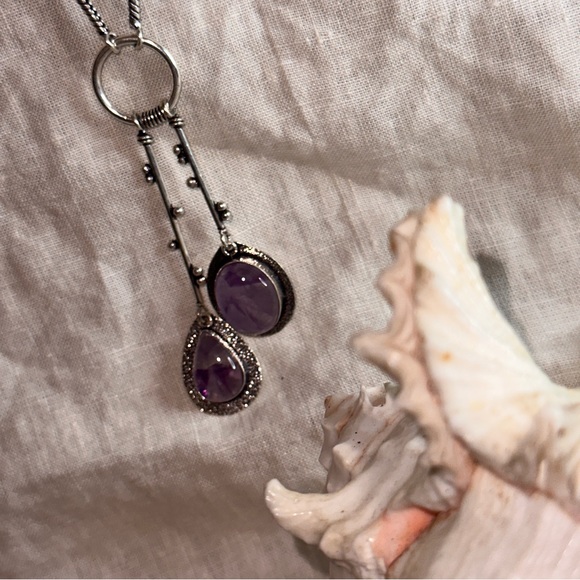 Modern Amethyst Solar dangle multi-gem handmade statement Necklace - Picture 6 of 13